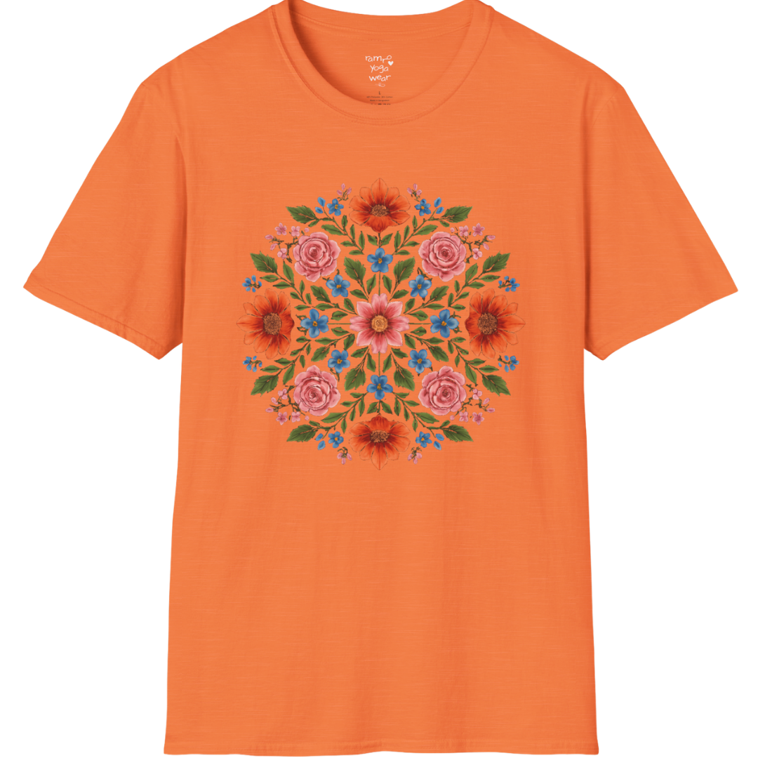 Petal Prism T-Shirt, floral mandala design — The Vault collection by Ramro Yoga Wear, Heather Orange.