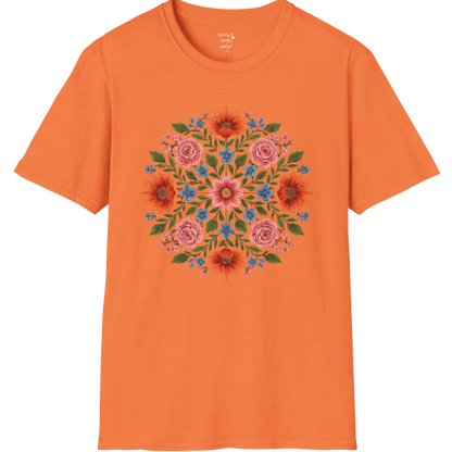Petal Prism T-Shirt, floral mandala design — The Vault collection by Ramro Yoga Wear, Heather Orange.