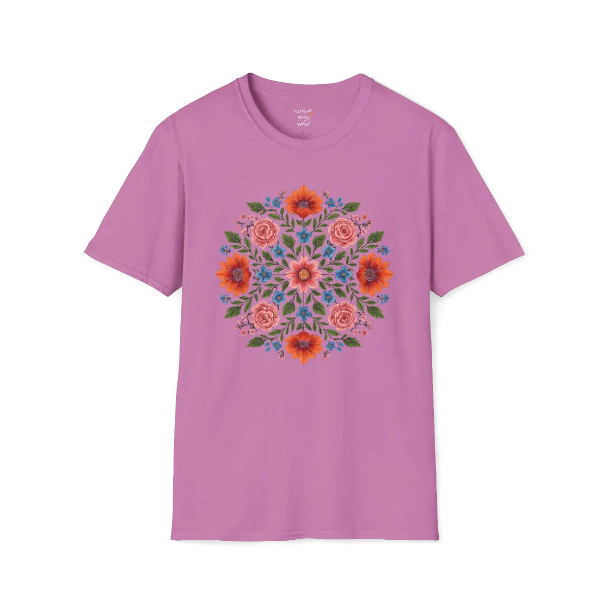 Petal Prism T-Shirt, floral mandala design — The Vault collection by Ramro Yoga Wear, Heather Radiant Orchid.