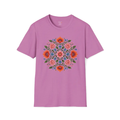 Petal Prism T-Shirt, floral mandala design — The Vault collection by Ramro Yoga Wear, Heather Radiant Orchid.