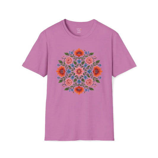 Petal Prism T-Shirt, floral mandala design — The Vault collection by Ramro Yoga Wear, Heather Radiant Orchid.