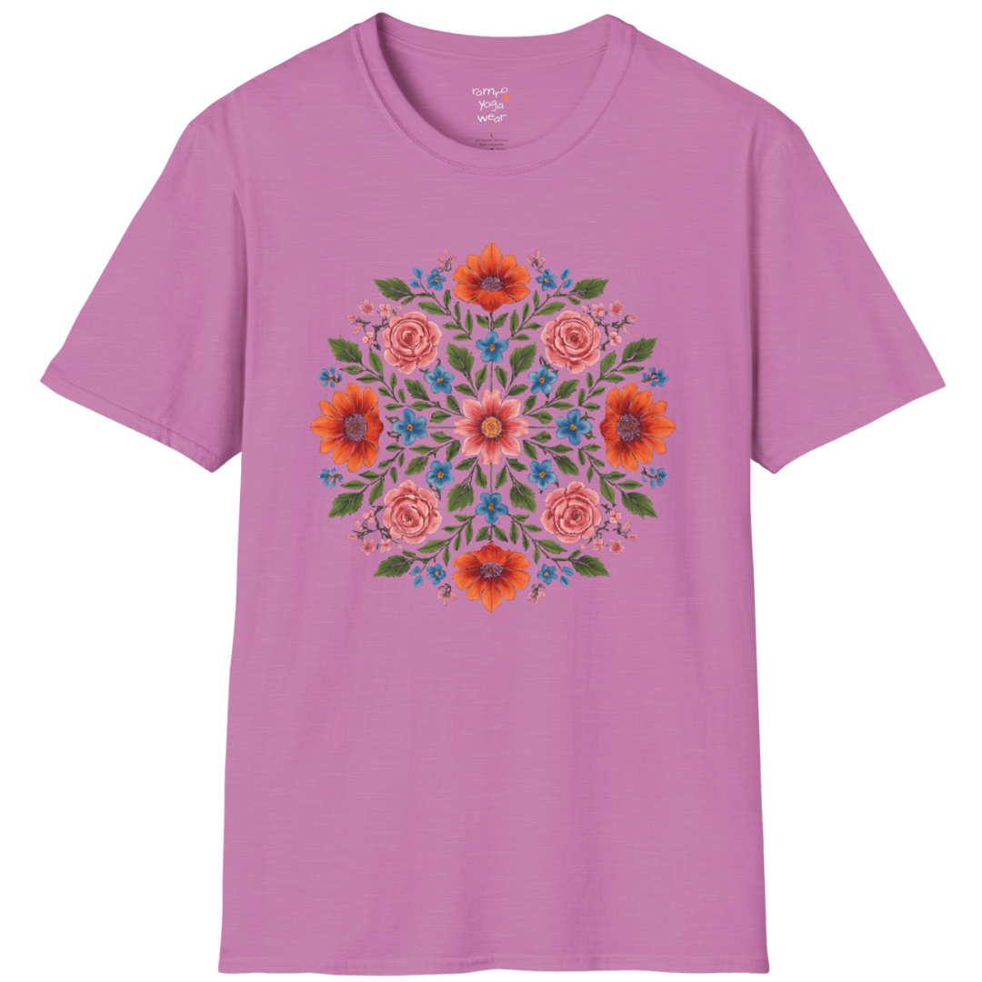 Petal Prism T-Shirt, floral mandala design — The Vault collection by Ramro Yoga Wear, Heather Radiant Orchid.