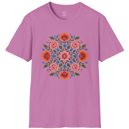 Petal Prism T-Shirt, floral mandala design — The Vault collection by Ramro Yoga Wear, Heather Radiant Orchid.