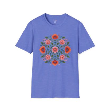 Petal Prism T-Shirt, floral mandala design — The Vault collection by Ramro Yoga Wear, Heather Royal