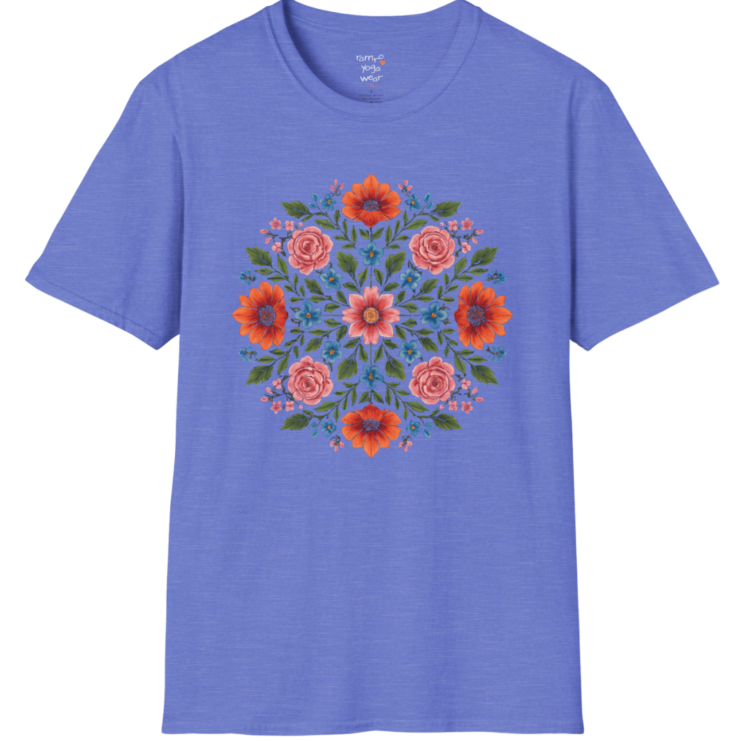 Petal Prism T-Shirt, floral mandala design — The Vault collection by Ramro Yoga Wear, Heather Royal