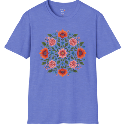 Petal Prism T-Shirt, floral mandala design — The Vault collection by Ramro Yoga Wear, Heather Royal