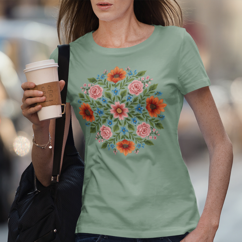 Petal Prism T-Shirt, floral mandala design — The Vault collection by Ramro Yoga Wear, Sage.