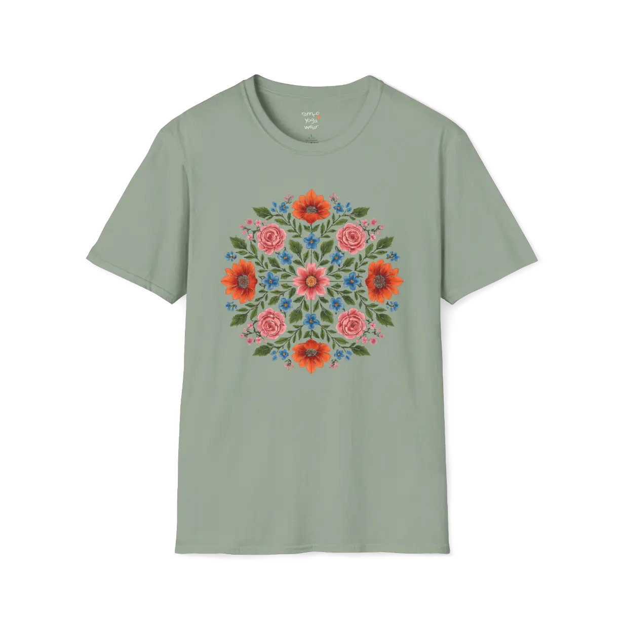 Petal Prism T-Shirt, floral mandala design — The Vault collection by Ramro Yoga Wear, Sage.