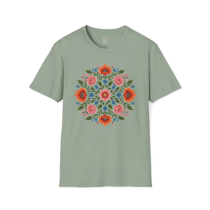 Petal Prism T-Shirt, floral mandala design — The Vault collection by Ramro Yoga Wear, Sage.