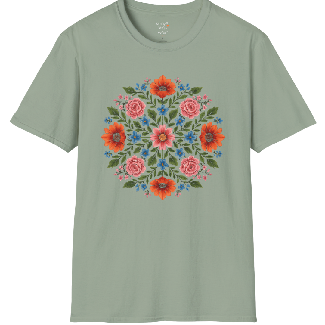 Petal Prism T-Shirt, floral mandala design — The Vault collection by Ramro Yoga Wear, Sage.