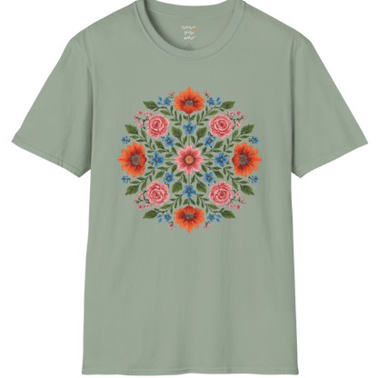 Petal Prism T-Shirt, floral mandala design — The Vault collection by Ramro Yoga Wear, Sage.