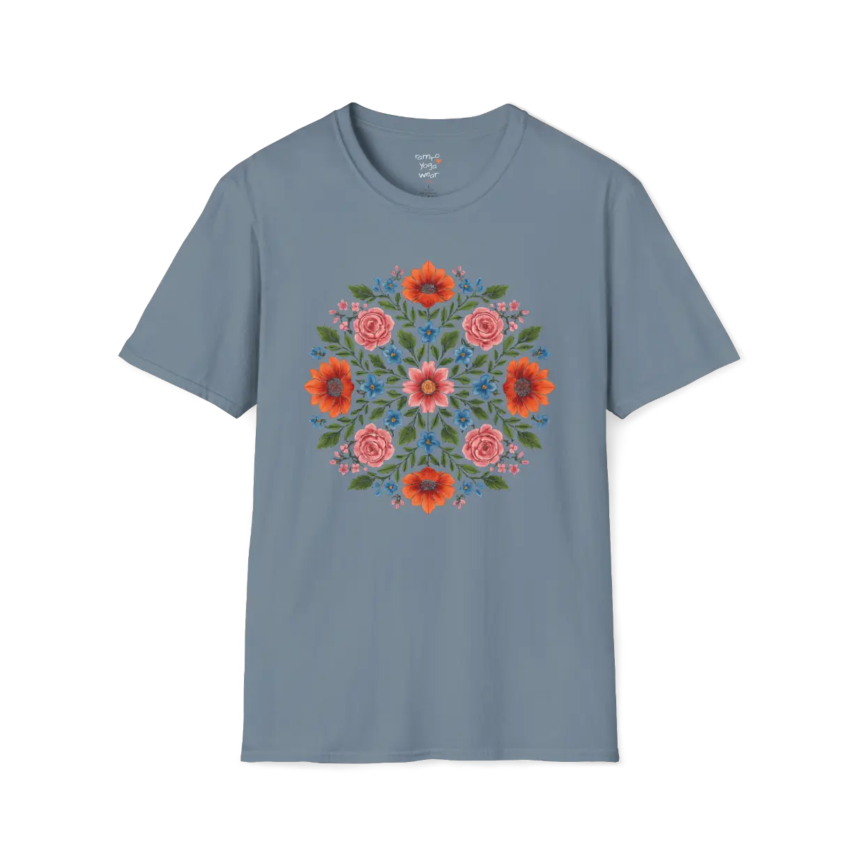Petal Prism T-Shirt, floral mandala design — The Vault collection by Ramro Yoga Wear, Stone Blue.