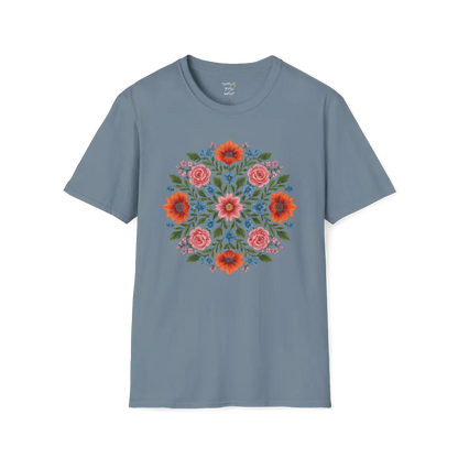 Petal Prism T-Shirt, floral mandala design — The Vault collection by Ramro Yoga Wear, Stone Blue.