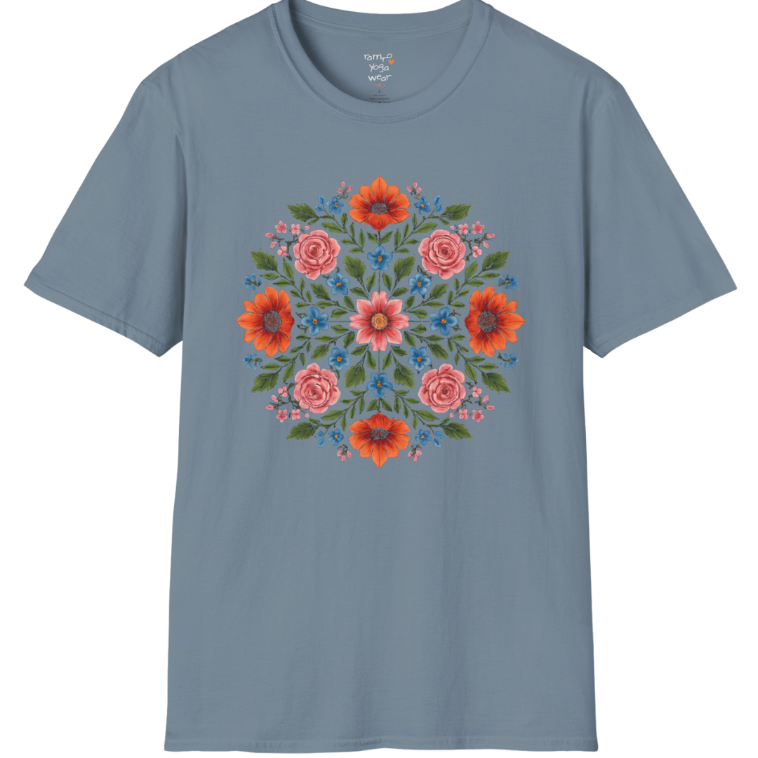 Petal Prism T-Shirt, floral mandala design — The Vault collection by Ramro Yoga Wear, Stone Blue.