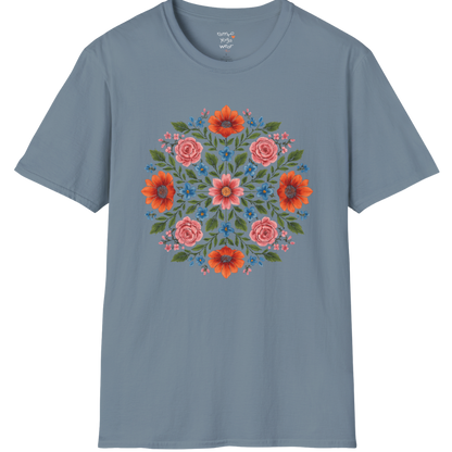Petal Prism T-Shirt, floral mandala design — The Vault collection by Ramro Yoga Wear, Stone Blue.