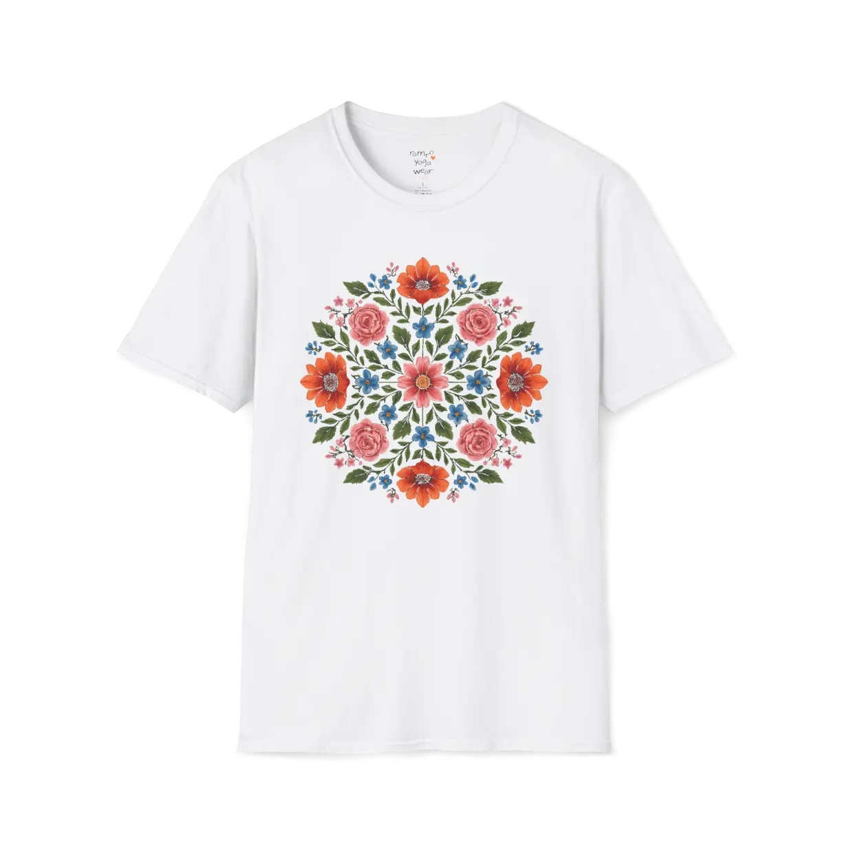 Petal Prism T-Shirt, floral mandala design — The Vault collection by Ramro Yoga Wear, White.