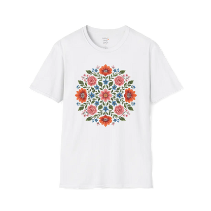 Petal Prism T-Shirt, floral mandala design — The Vault collection by Ramro Yoga Wear, White.