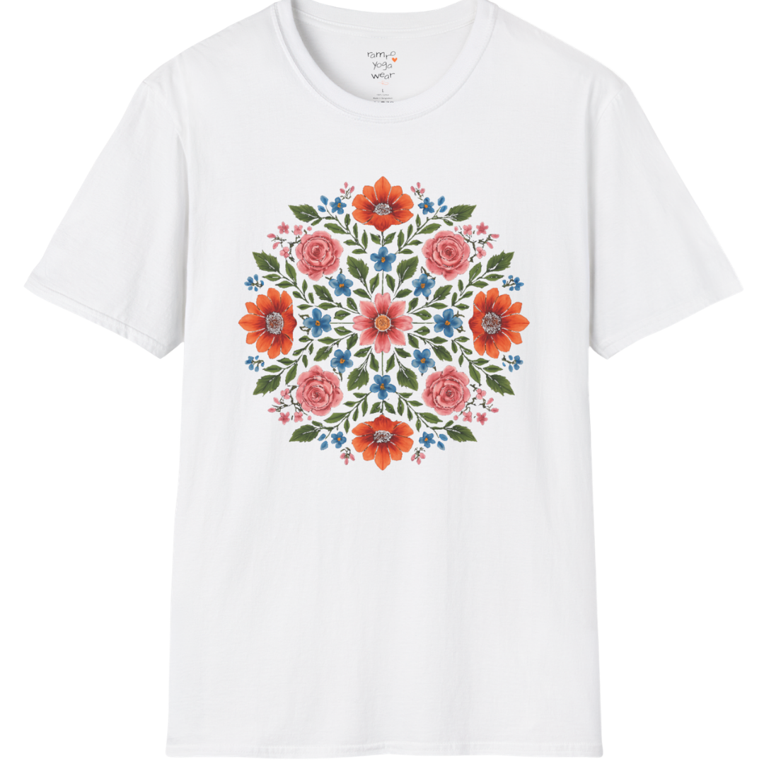 Petal Prism T-Shirt, floral mandala design — The Vault collection by Ramro Yoga Wear, White.