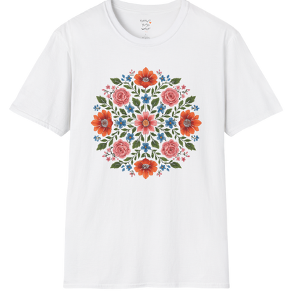Petal Prism T-Shirt, floral mandala design — The Vault collection by Ramro Yoga Wear, White.