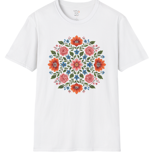 Petal Prism T-Shirt, floral mandala design — The Vault collection by Ramro Yoga Wear, White.