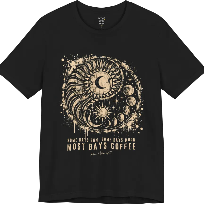 A short sleeved tee called the Phases T-Shirt, flat lay and a Bella+Canvas 3001 shirt. Simply says, Some Days Sun, Some Days Moon, Most Days Coffee. Design highlights a grunge yin yang made of a radiating sun and a tail of moon phases, with stars and ink splatter. Color is Black.