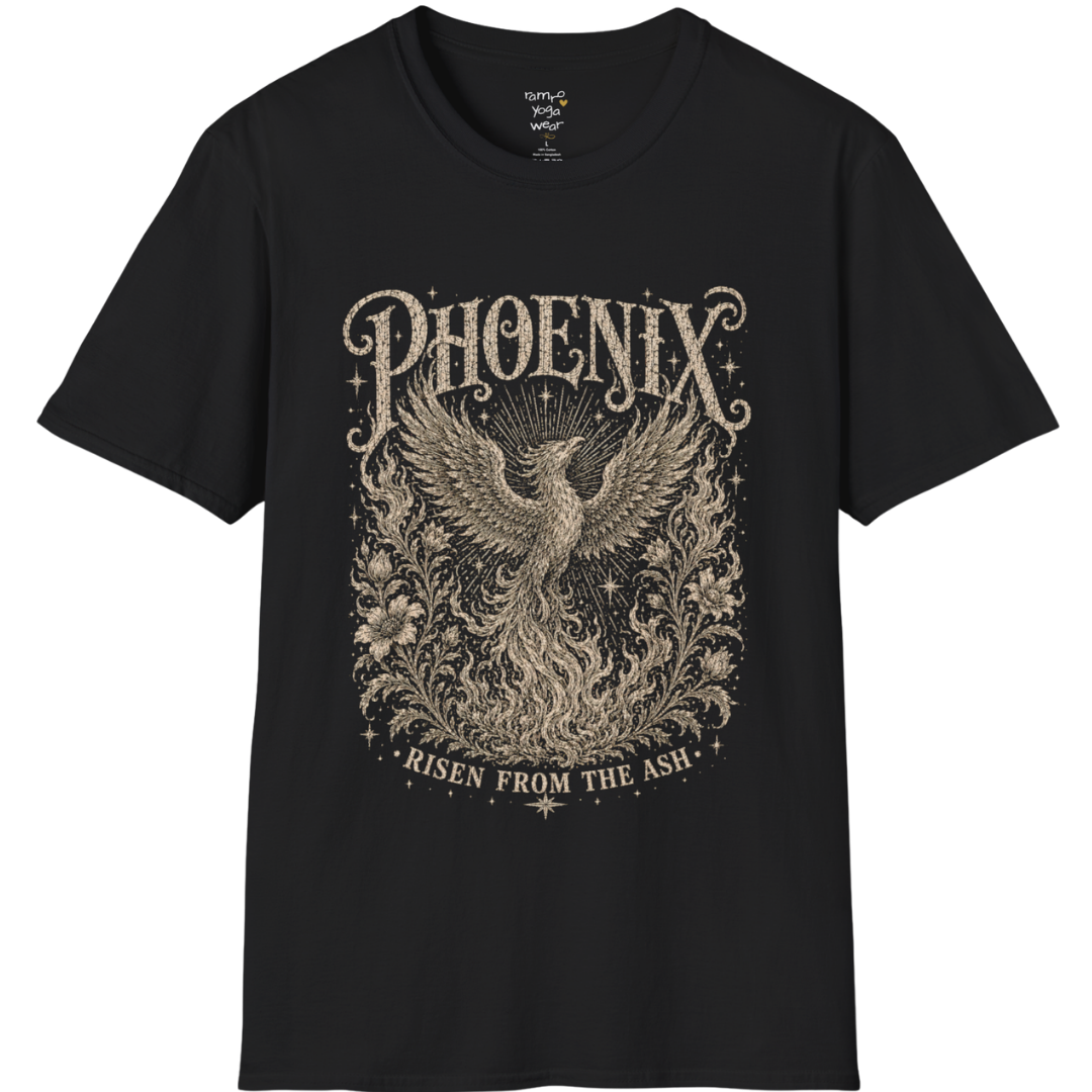 Ramro Yoga Wear Phoenix tee in Black — phoenix rising botanical vintage engraving, flat lay product shot