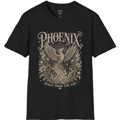 Ramro Yoga Wear Phoenix tee in Black — phoenix rising botanical vintage engraving, flat lay product shot