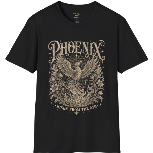 Ramro Yoga Wear Phoenix tee in Black — phoenix rising botanical vintage engraving, flat lay product shot
