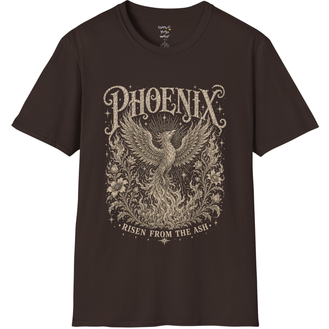 Ramro Yoga Wear Phoenix tee in Dark Chocolate — phoenix rising botanical vintage engraving, flat lay product shot