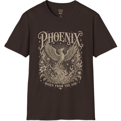 Ramro Yoga Wear Phoenix tee in Dark Chocolate — phoenix rising botanical vintage engraving, flat lay product shot
