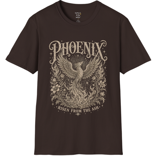 Ramro Yoga Wear Phoenix tee in Dark Chocolate — phoenix rising botanical vintage engraving, flat lay product shot