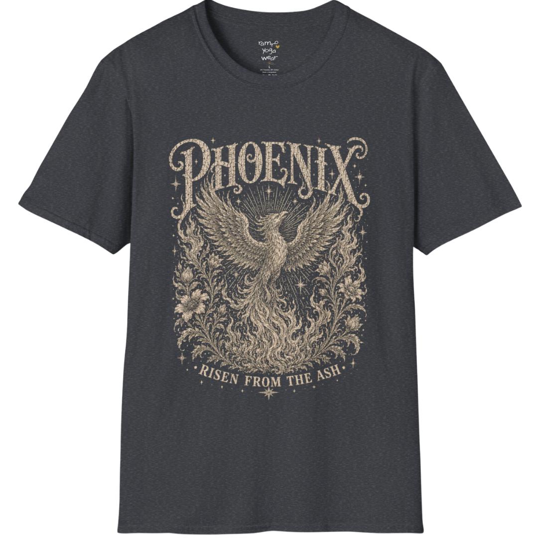 Ramro Yoga Wear Phoenix tee in Dark Heather Grey — phoenix rising botanical vintage engraving, flat lay product shot