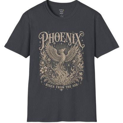 Ramro Yoga Wear Phoenix tee in Dark Heather Grey — phoenix rising botanical vintage engraving, flat lay product shot