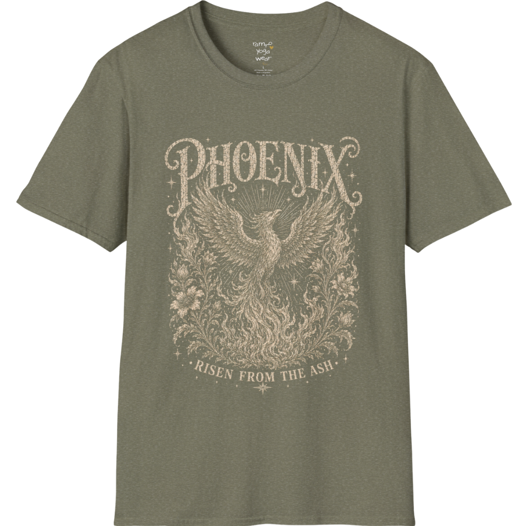 Ramro Yoga Wear Phoenix tee in Heather Military Green — phoenix rising botanical vintage engraving, flat lay product shot