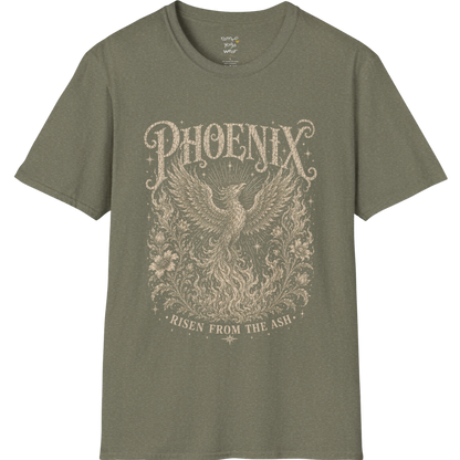 Ramro Yoga Wear Phoenix tee in Heather Military Green — phoenix rising botanical vintage engraving, flat lay product shot
