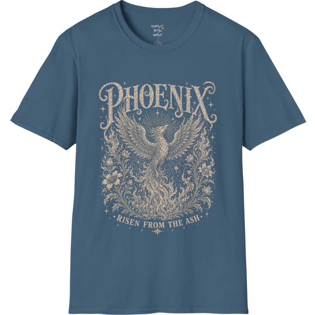 Ramro Yoga Wear Phoenix tee in Indigo Blue — phoenix rising botanical vintage engraving, flat lay product shot