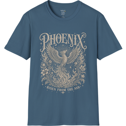 Ramro Yoga Wear Phoenix tee in Indigo Blue — phoenix rising botanical vintage engraving, flat lay product shot