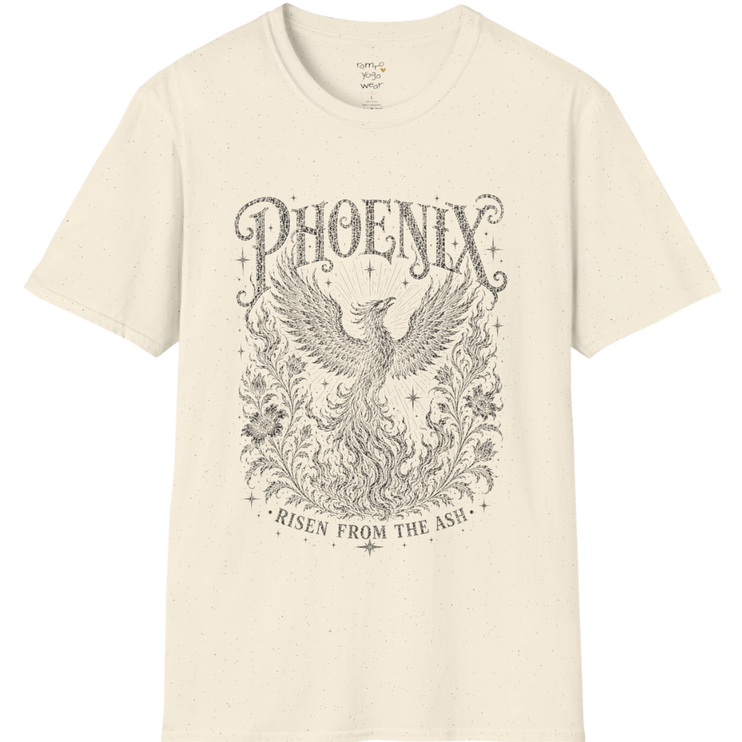 Ramro Yoga Wear Phoenix tee in Natural — phoenix rising botanical vintage engraving, flat lay product shot