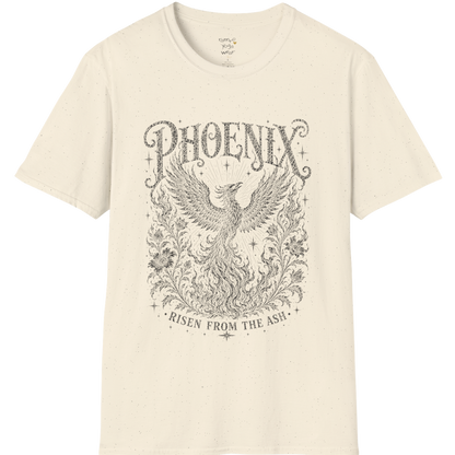 Ramro Yoga Wear Phoenix tee in Natural — phoenix rising botanical vintage engraving, flat lay product shot