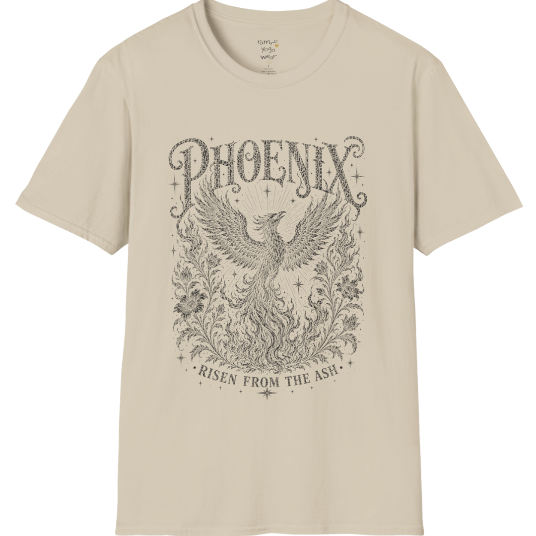 Ramro Yoga Wear Phoenix tee in Sand — phoenix rising botanical vintage engraving, flat lay product shot