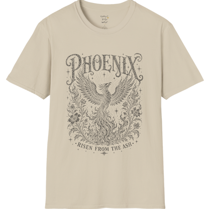 Ramro Yoga Wear Phoenix tee in Sand — phoenix rising botanical vintage engraving, flat lay product shot