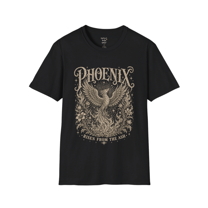 Ramro Yoga Wear Phoenix tee in Black — phoenix rising botanical vintage engraving, flat lay product shot