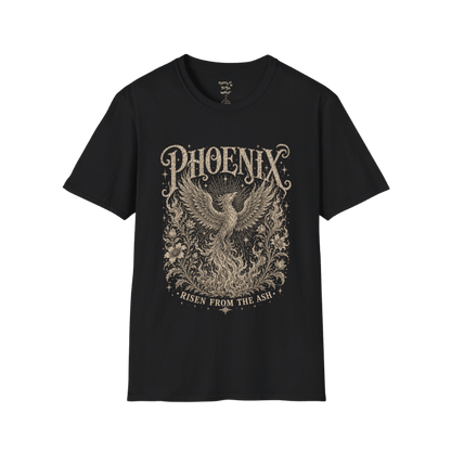 Ramro Yoga Wear Phoenix tee in Black — phoenix rising botanical vintage engraving, flat lay product shot