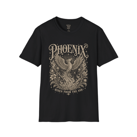 Ramro Yoga Wear Phoenix tee in Black — phoenix rising botanical vintage engraving, flat lay product shot