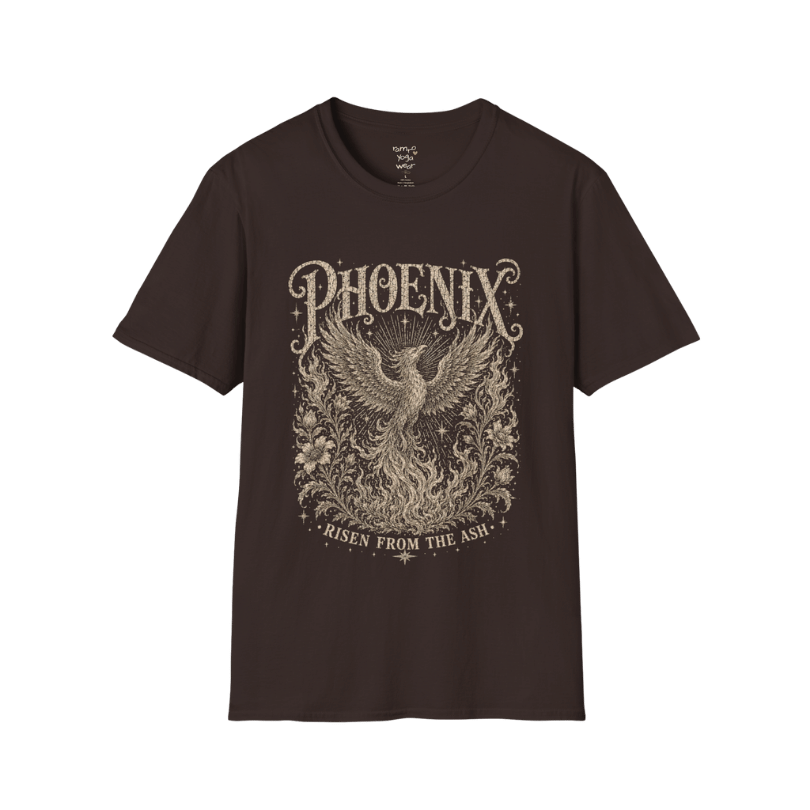 Ramro Yoga Wear Phoenix tee in Dark Chocolate — phoenix rising botanical vintage engraving, flat lay product shot