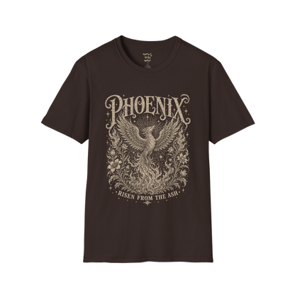 Ramro Yoga Wear Phoenix tee in Dark Chocolate — phoenix rising botanical vintage engraving, flat lay product shot