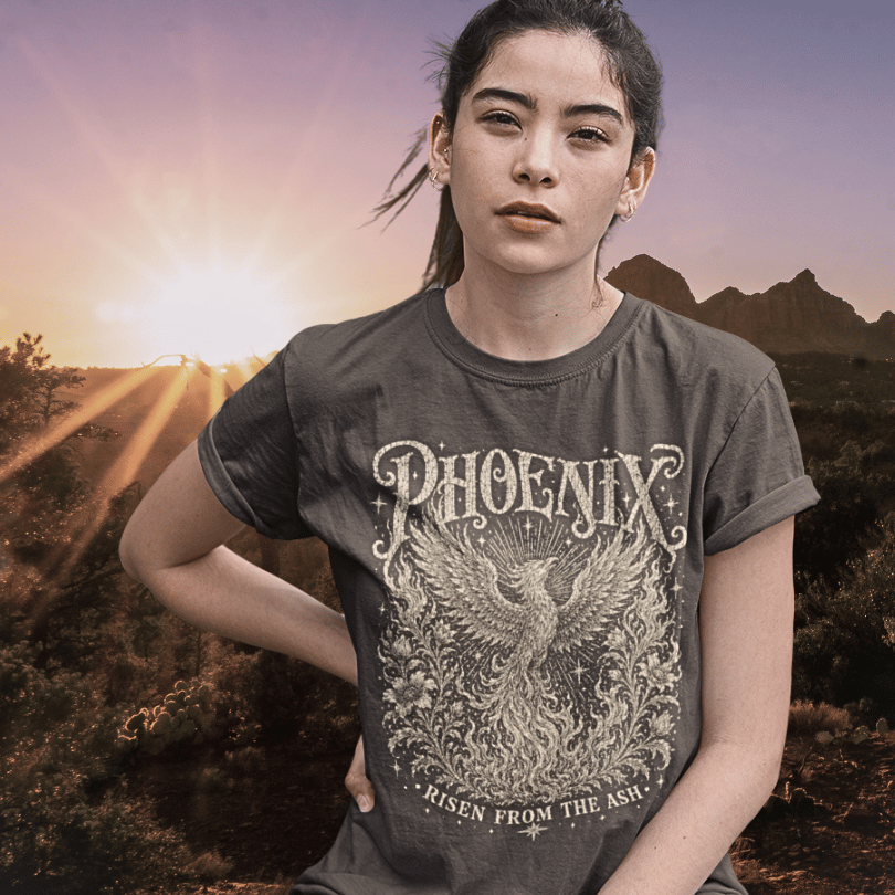 Ramro Yoga Wear Phoenix tee in Dark Chocolate — risen from the ash phoenix design, desert mountain sunset lifestyle shot