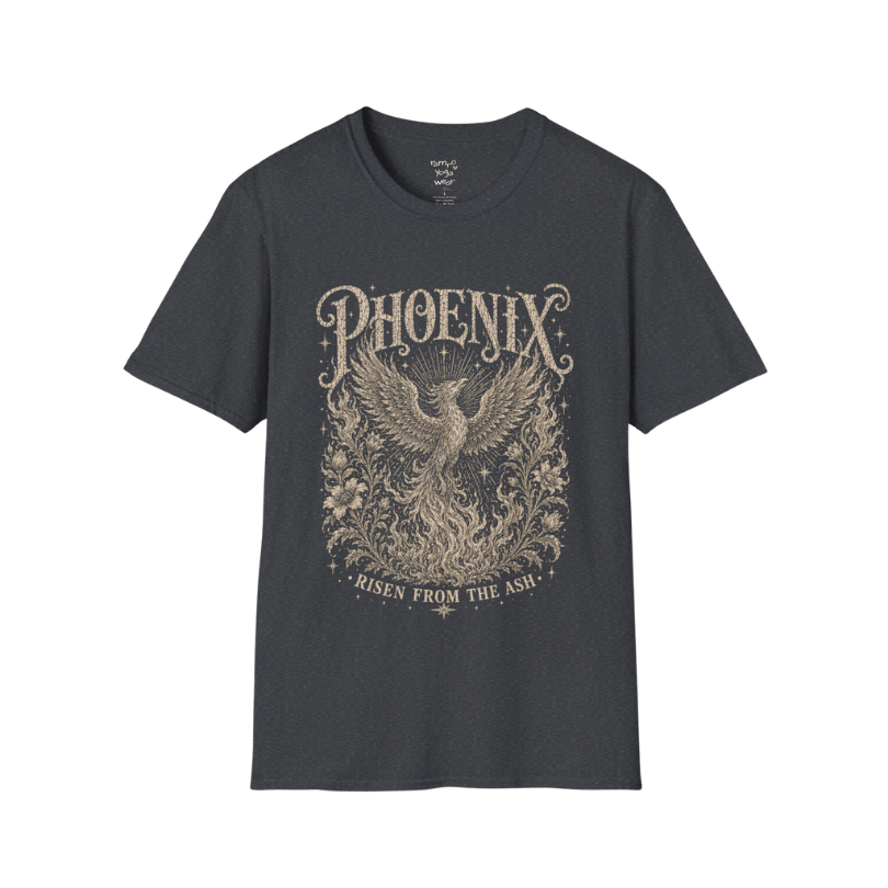 Ramro Yoga Wear Phoenix tee in Dark Heather Grey — phoenix rising botanical vintage engraving, flat lay product shot