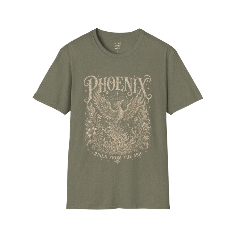 Ramro Yoga Wear Phoenix tee in Heather Military Green — phoenix rising botanical vintage engraving, flat lay product shot