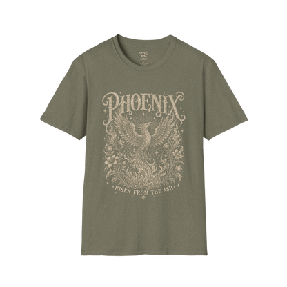 Ramro Yoga Wear Phoenix tee in Heather Military Green — phoenix rising botanical vintage engraving, flat lay product shot